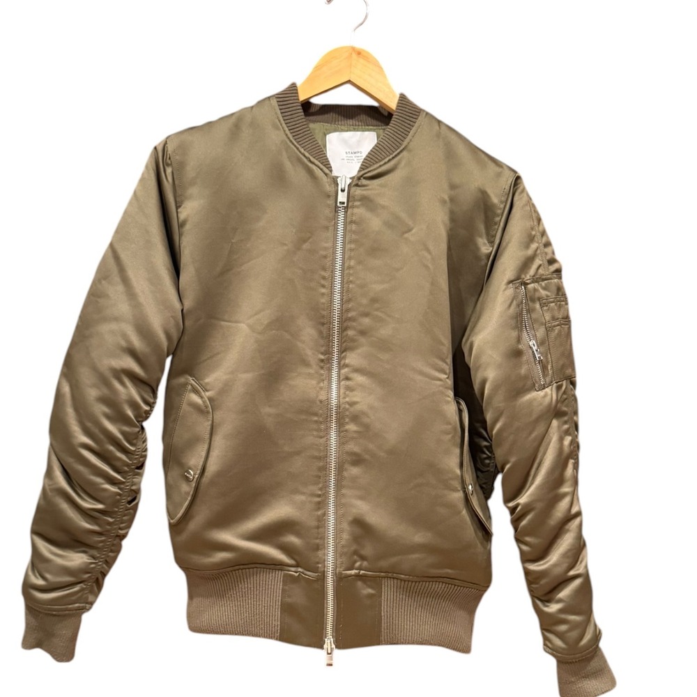 STAMPD LA Men's Charmeuse Bomber Jacket Olive Green Flight Satin Size M